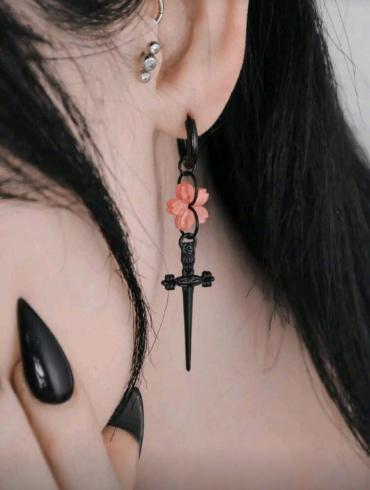 Cross Gothic Earings With Pink Lotus